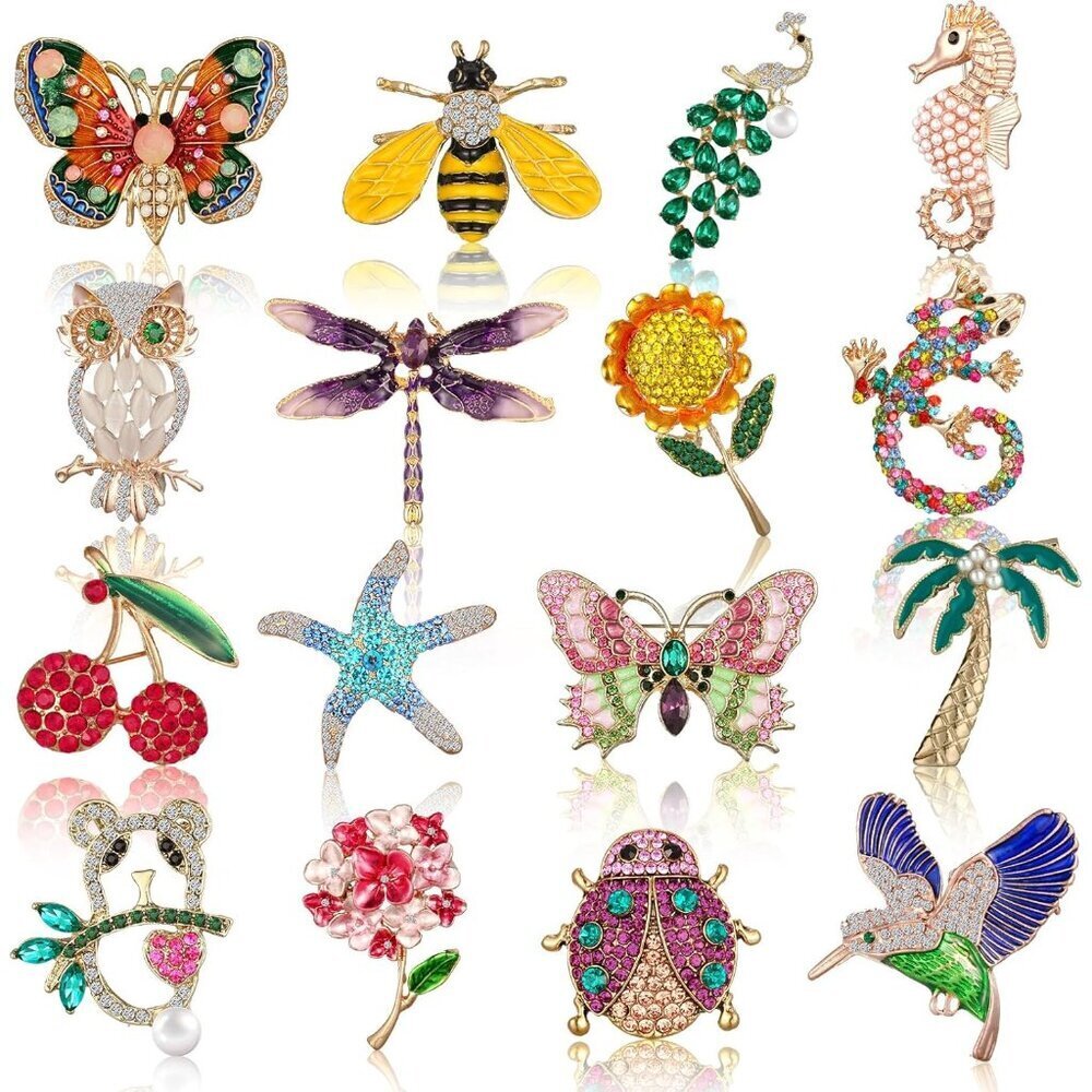 Women Brooch Set Alloys Crystals Vintage Animal Insect Plant Pins